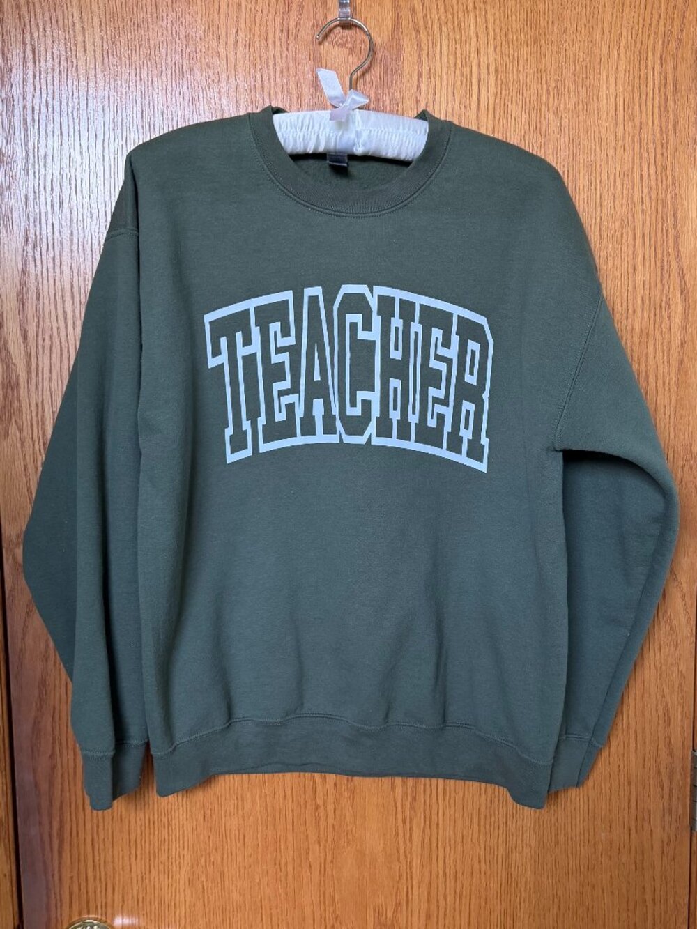Teacher Crewneck Sweatshirt | Olive Green Graphic Pullover | Size Large